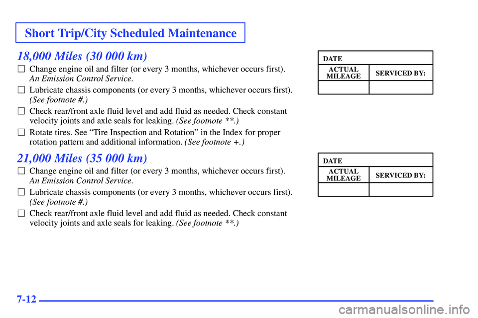 GMC SONOMA 2000 Owners Guide Short Trip/City Scheduled Maintenance
7-12
18,000 Miles (30 000 km)
Change engine oil and filter (or every 3 months, whichever occurs first). 
An Emission Control Service. 
Lubricate chassis compone
