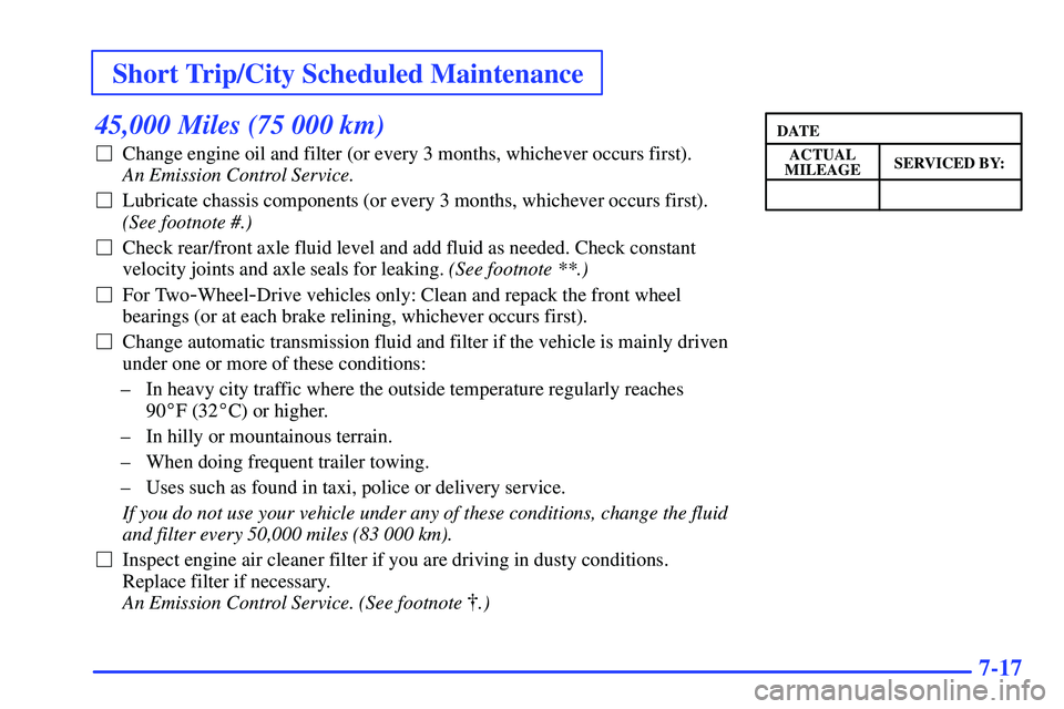 GMC SONOMA 1999 Owners Guide Short Trip/City Scheduled Maintenance
7-17
45,000 Miles (75 000 km)
Change engine oil and filter (or every 3 months, whichever occurs first). 
An Emission Control Service. 
Lubricate chassis compone