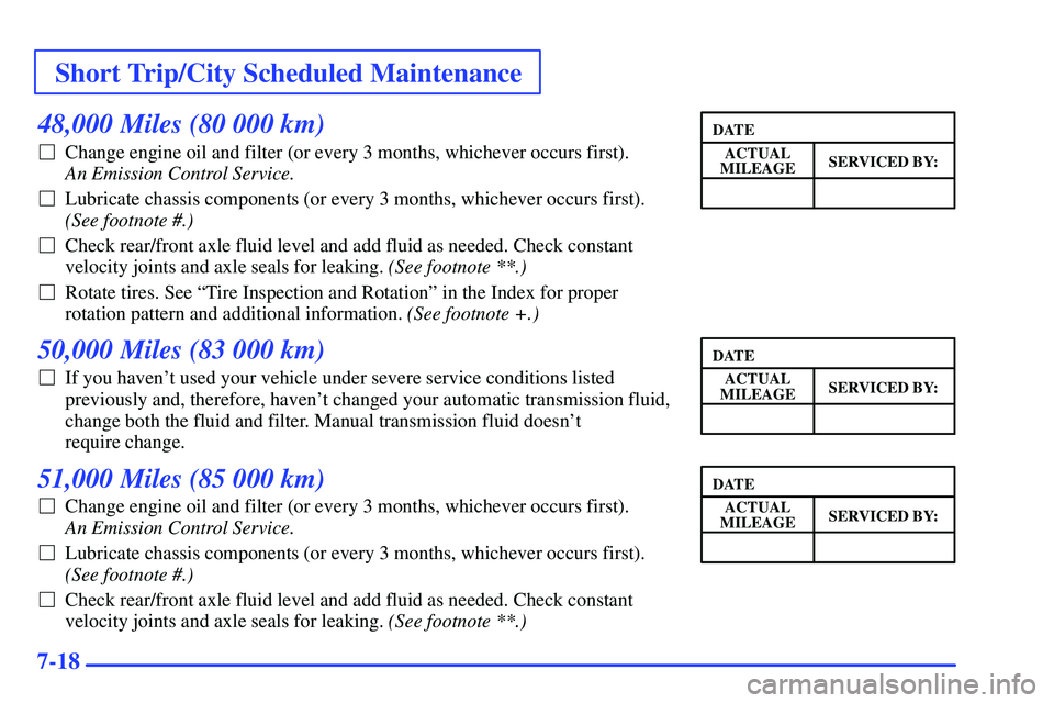 GMC SONOMA 2000 Service Manual Short Trip/City Scheduled Maintenance
7-18
48,000 Miles (80 000 km)
Change engine oil and filter (or every 3 months, whichever occurs first). 
An Emission Control Service. 
Lubricate chassis compone