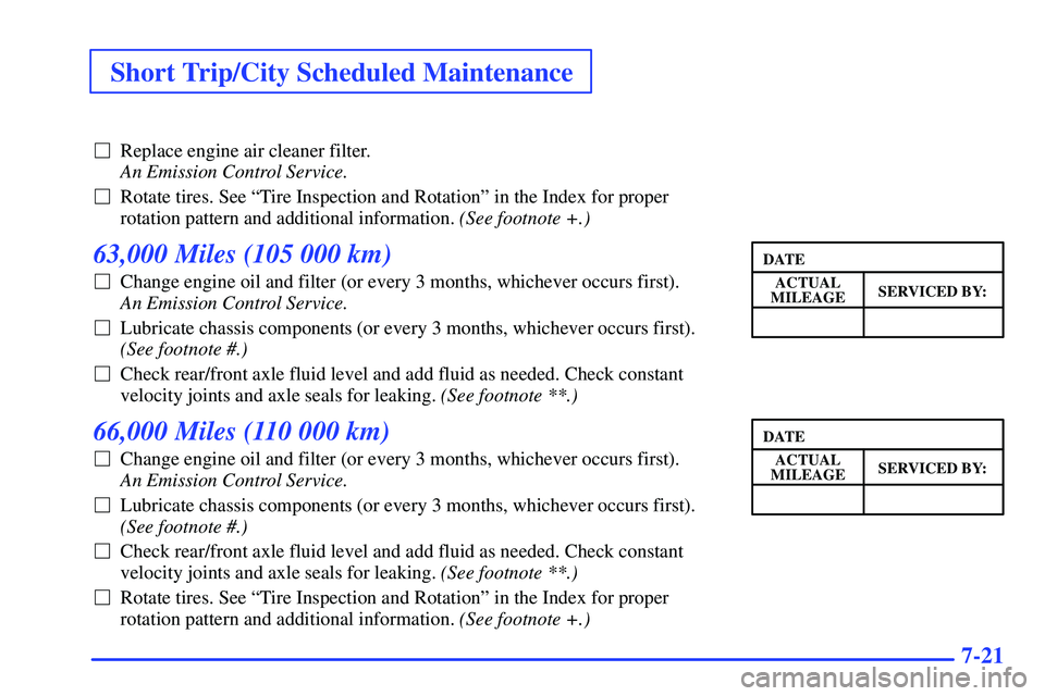 GMC SONOMA 2000 Service Manual Short Trip/City Scheduled Maintenance
7-21
Replace engine air cleaner filter. 
An Emission Control Service.
Rotate tires. See ªTire Inspection and Rotationº in the Index for proper
rotation patter