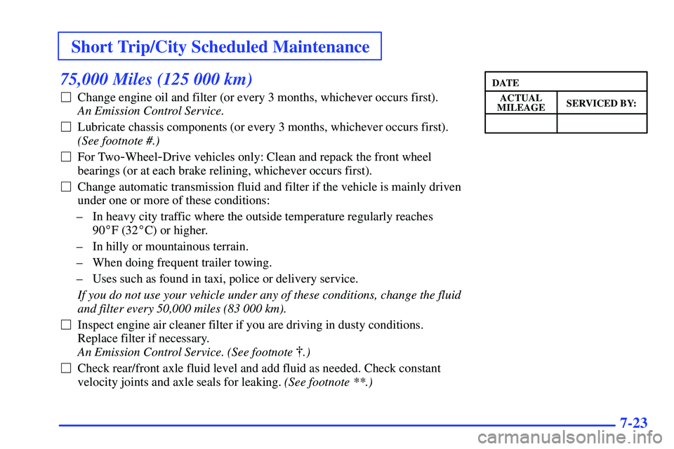 GMC SONOMA 2000  Owners Manual Short Trip/City Scheduled Maintenance
7-23
75,000 Miles (125 000 km)
Change engine oil and filter (or every 3 months, whichever occurs first). 
An Emission Control Service. 
Lubricate chassis compon