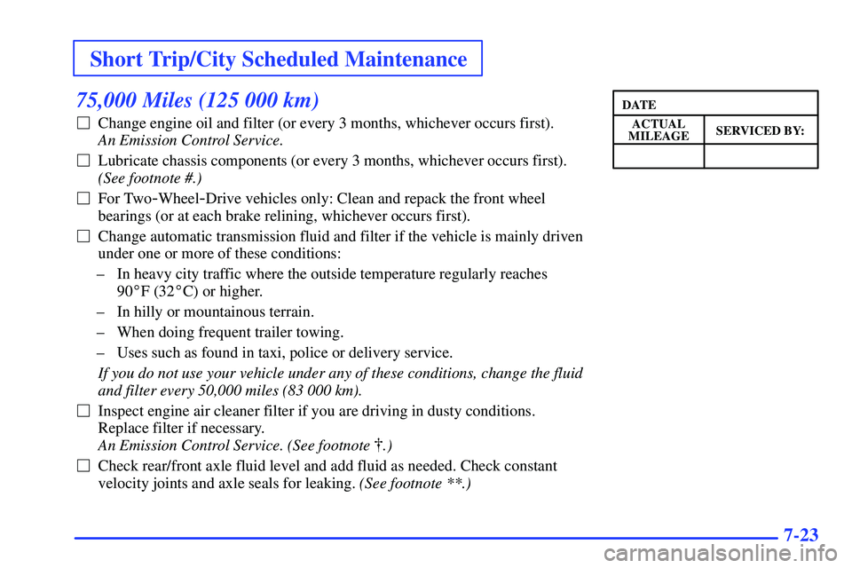 GMC SONOMA 1999 Owners Guide Short Trip/City Scheduled Maintenance
7-23
75,000 Miles (125 000 km)
Change engine oil and filter (or every 3 months, whichever occurs first). 
An Emission Control Service. 
Lubricate chassis compon