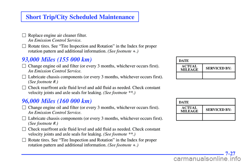 GMC SONOMA 1999 Owners Guide Short Trip/City Scheduled Maintenance
7-27
Replace engine air cleaner filter. 
An Emission Control Service.
Rotate tires. See ªTire Inspection and Rotationº in the Index for proper
rotation patter