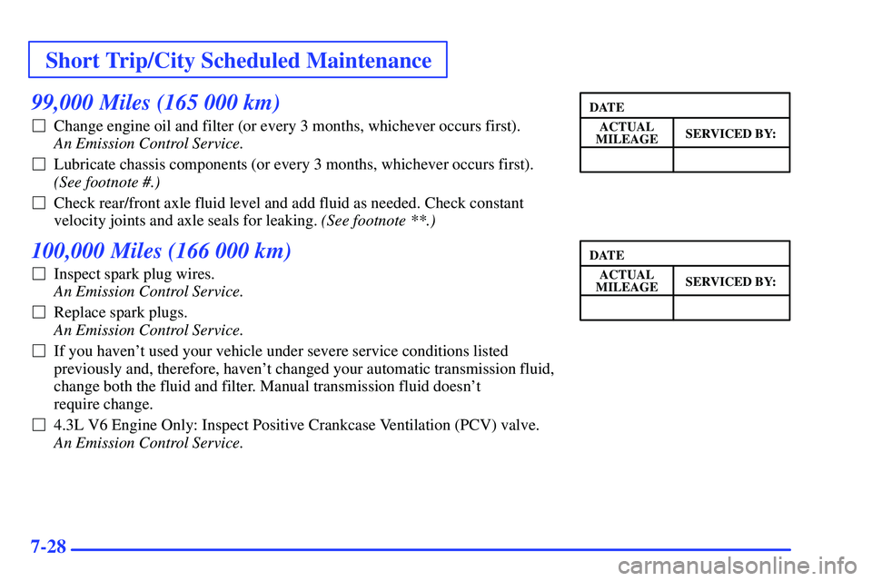 GMC SONOMA 1999  Owners Manual Short Trip/City Scheduled Maintenance
7-28
99,000 Miles (165 000 km)
Change engine oil and filter (or every 3 months, whichever occurs first). 
An Emission Control Service. 
Lubricate chassis compon