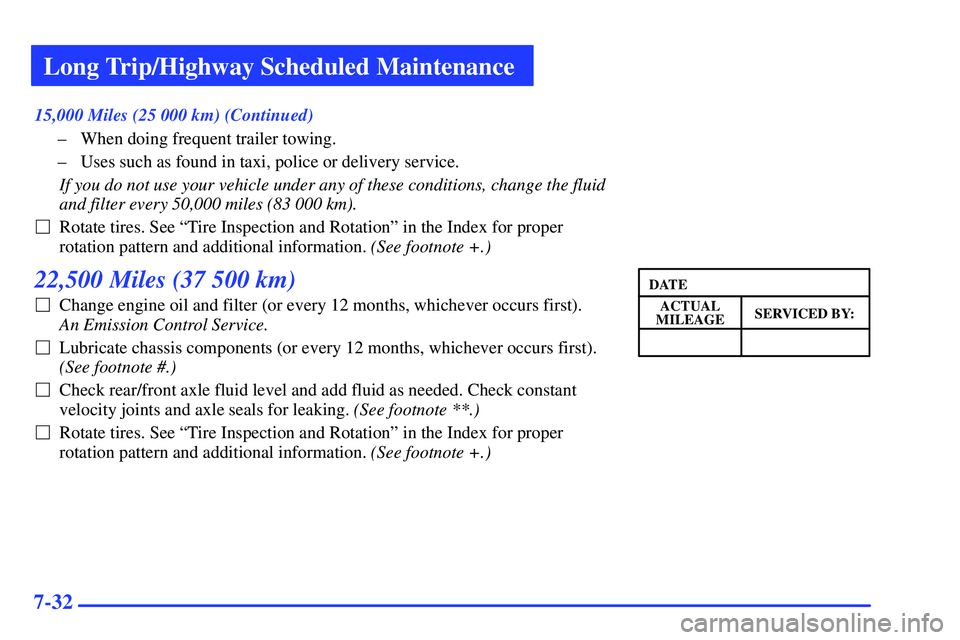 GMC SONOMA 1999 Service Manual Long Trip/Highway Scheduled Maintenance
7-32
15,000 Miles (25 000 km) (Continued)
± When doing frequent trailer towing.
± Uses such as found in taxi, police or delivery service.
If you do not use yo