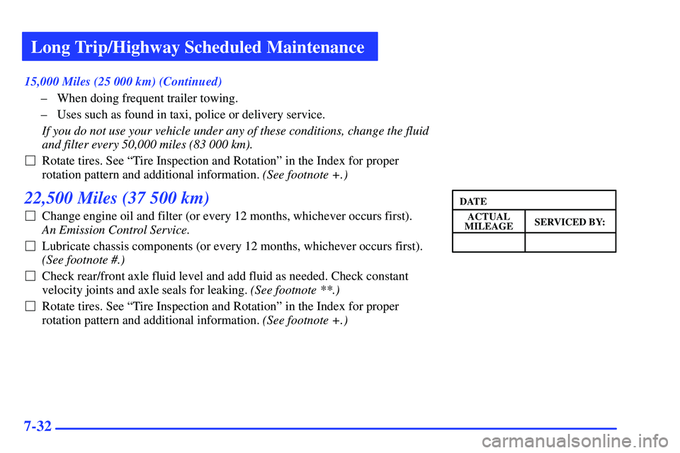 GMC SONOMA 2000  Owners Manual Long Trip/Highway Scheduled Maintenance
7-32
15,000 Miles (25 000 km) (Continued)
± When doing frequent trailer towing.
± Uses such as found in taxi, police or delivery service.
If you do not use yo