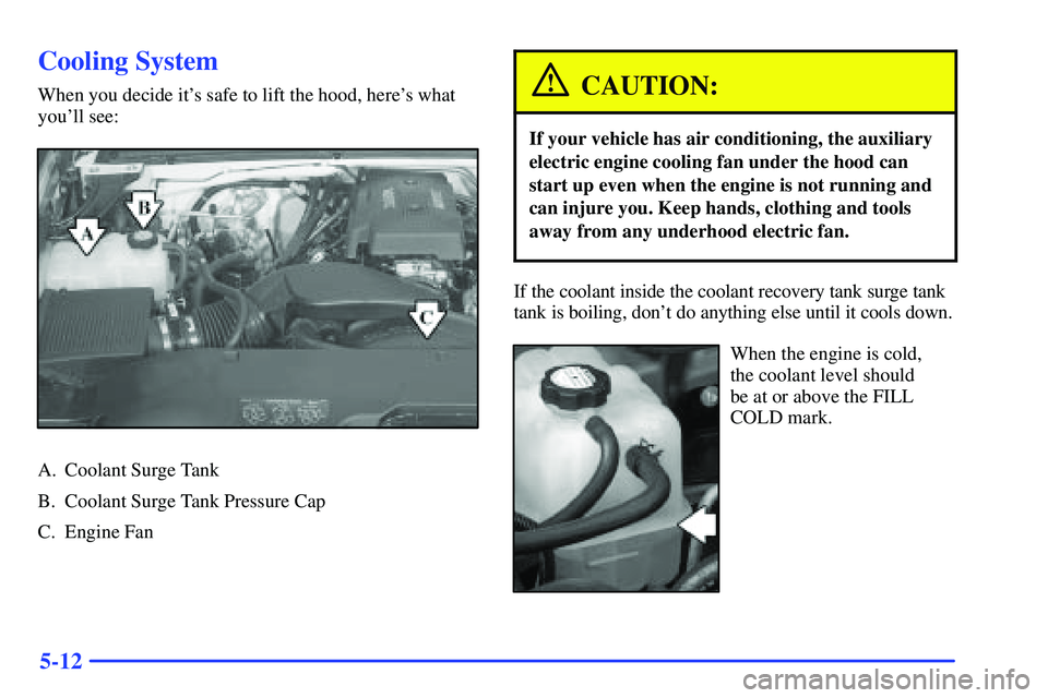 GMC YUKON 2000  Owners Manual 5-12
Cooling System
When you decide its safe to lift the hood, heres what
youll see:
A. Coolant Surge Tank
B. Coolant Surge Tank Pressure Cap
C. Engine Fan
CAUTION:
If your vehicle has air conditio