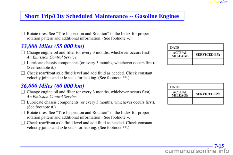 GMC SIERRA 1999  Owners Manual Short Trip/City Scheduled Maintenance -- Gasoline Engines
yellowblue     
7-15
Rotate tires. See ªTire Inspection and Rotationº in the Index for proper
rotation pattern and additional information. 