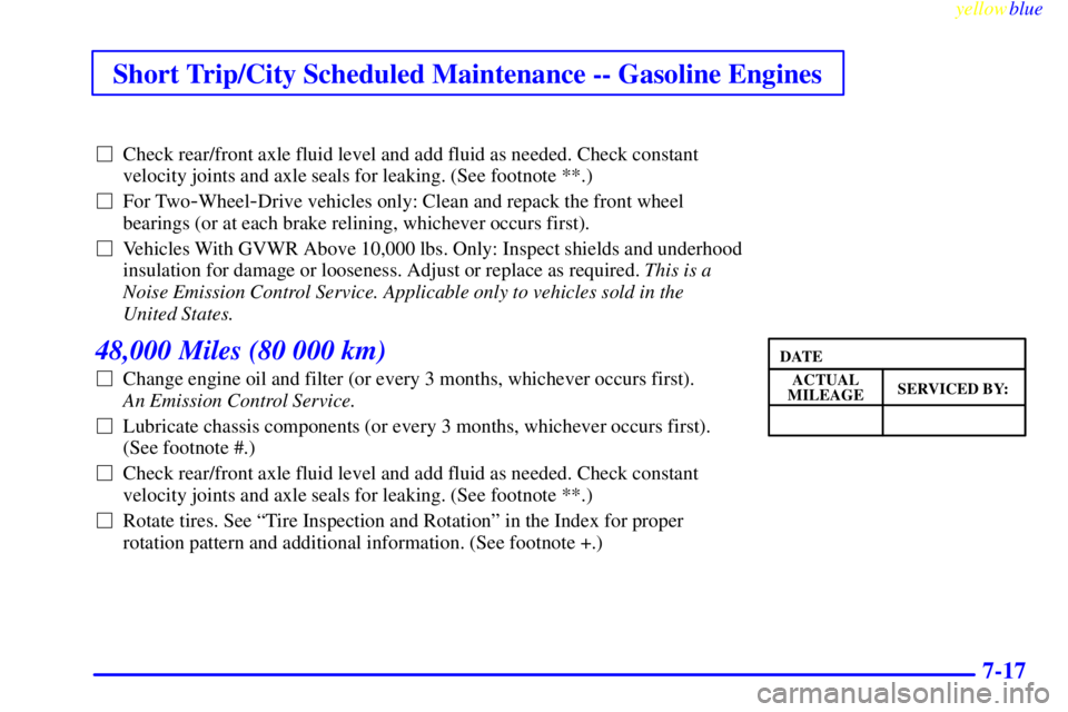 GMC SIERRA 1999  Owners Manual Short Trip/City Scheduled Maintenance -- Gasoline Engines
yellowblue     
7-17
Check rear/front axle fluid level and add fluid as needed. Check constant
velocity joints and axle seals for leaking. (S