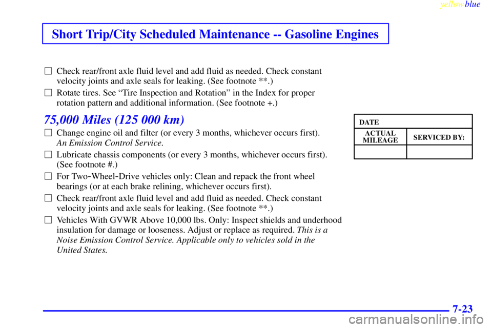 GMC SIERRA 1999  Owners Manual Short Trip/City Scheduled Maintenance -- Gasoline Engines
yellowblue     
7-23
Check rear/front axle fluid level and add fluid as needed. Check constant
velocity joints and axle seals for leaking. (S