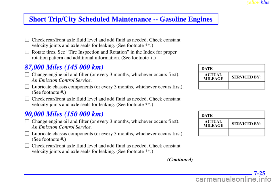GMC SIERRA 1999  Owners Manual Short Trip/City Scheduled Maintenance -- Gasoline Engines
yellowblue     
7-25
Check rear/front axle fluid level and add fluid as needed. Check constant
velocity joints and axle seals for leaking. (S
