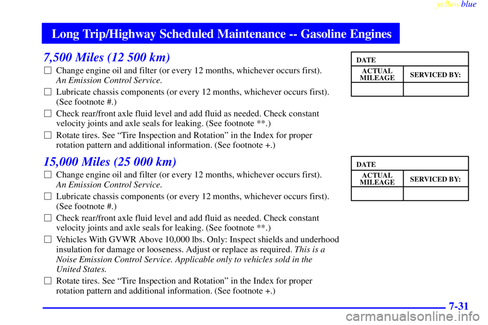 GMC SIERRA 1999  Owners Manual Long Trip/Highway Scheduled Maintenance -- Gasoline Engines
yellowblue     
7-31
7,500 Miles (12 500 km)
Change engine oil and filter (or every 12 months, whichever occurs first). 
An Emission Contro