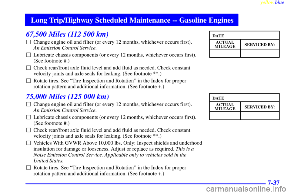 GMC SIERRA 1999  Owners Manual Long Trip/Highway Scheduled Maintenance -- Gasoline Engines
yellowblue     
7-37
67,500 Miles (112 500 km)
Change engine oil and filter (or every 12 months, whichever occurs first). 
An Emission Cont