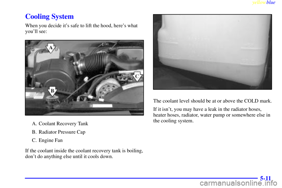 GMC YUKON 1999  Owners Manual yellowblue     
5-11
Cooling System
When you decide its safe to lift the hood, heres what
youll see:
A. Coolant Recovery Tank
B. Radiator Pressure Cap
C. Engine Fan
If the coolant inside the coolan