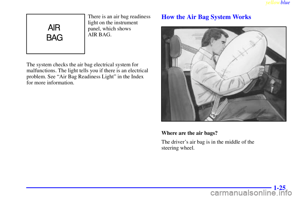 GMC YUKON 1999 Owners Guide yellowblue
1-25
There is an air bag readiness
light on the instrument
panel, which shows
AIR BAG.
The system checks the air bag electrical system for
malfunctions. The light tells you if there i GMC YUKON 1999 Owners Guide yellowblue
1-25
There is an air bag readiness
light on the instrument
panel, which shows
AIR BAG.
The system checks the air bag electrical system for
malfunctions. The light tells you if there i