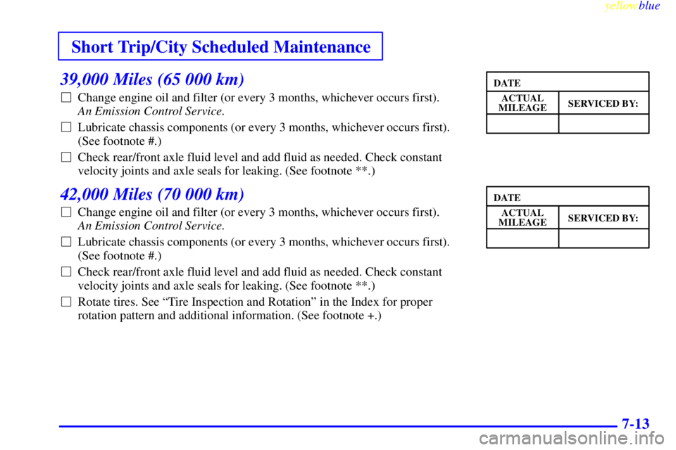 GMC YUKON 1999 Service Manual Short Trip/City Scheduled Maintenance
yellowblue     
7-13
39,000 Miles (65 000 km)
Change engine oil and filter (or every 3 months, whichever occurs first). 
An Emission Control Service. 
Lubricate