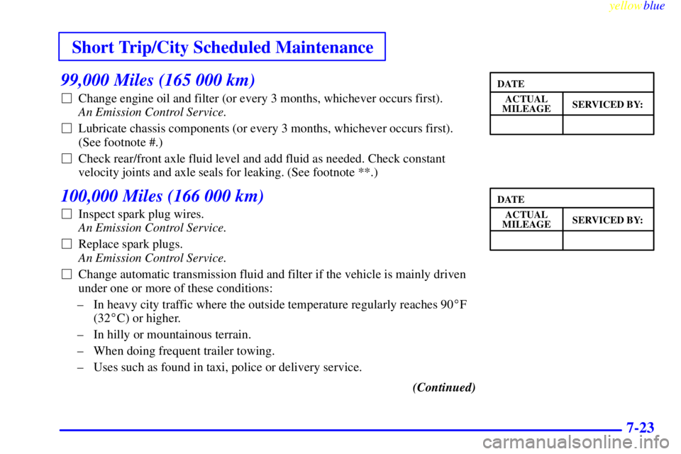 GMC YUKON 1999  Owners Manual Short Trip/City Scheduled Maintenance
yellowblue     
7-23
99,000 Miles (165 000 km)
Change engine oil and filter (or every 3 months, whichever occurs first). 
An Emission Control Service. 
Lubricat