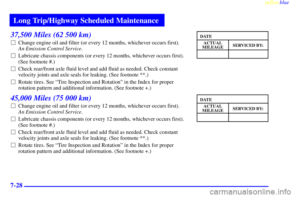 GMC YUKON 1999 Workshop Manual Long Trip/Highway Scheduled Maintenance
yellowblue     
7-28
37,500 Miles (62 500 km)
Change engine oil and filter (or every 12 months, whichever occurs first). 
An Emission Control Service. 
Lubric