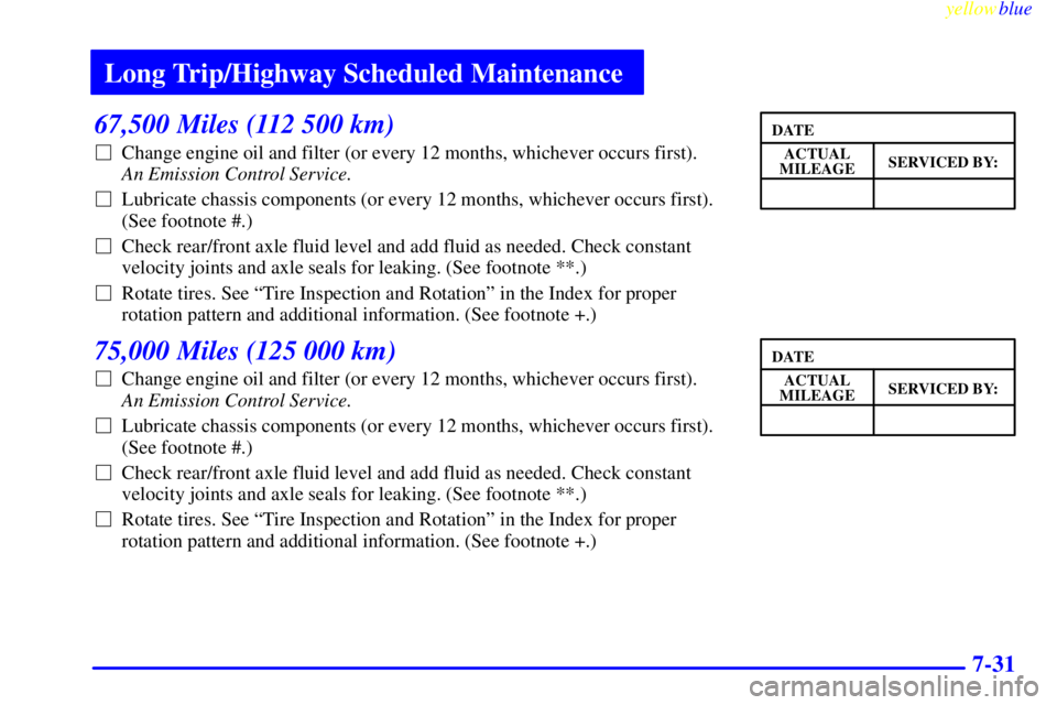 GMC YUKON 1999 Workshop Manual Long Trip/Highway Scheduled Maintenance
yellowblue     
7-31
67,500 Miles (112 500 km)
Change engine oil and filter (or every 12 months, whichever occurs first). 
An Emission Control Service. 
Lubri