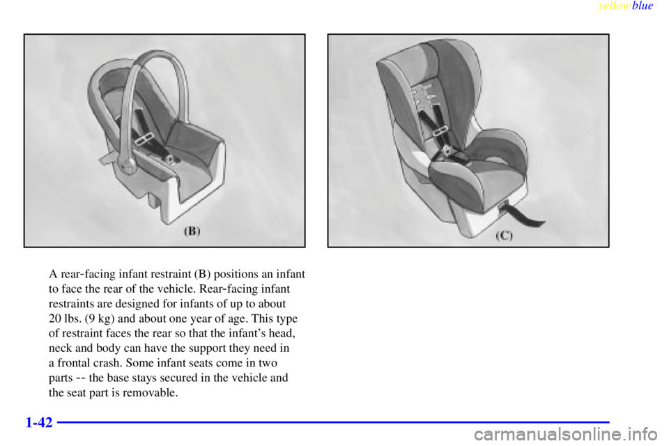 GMC YUKON 1999 Service Manual yellowblue     
1-42
A rear-facing infant restraint (B) positions an infant
to face the rear of the vehicle. Rear
-facing infant
restraints are designed for infants of up to about 
20 lbs. (9 kg) and 