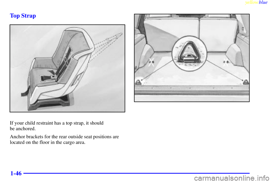GMC YUKON 1999 Workshop Manual yellowblue
1-46 Top Strap
If your child restraint has a top strap, it should
be anchored.
Anchor brackets for the rear outside seat positions are
located on the floor in the cargo area. GMC YUKON 1999 Workshop Manual yellowblue
1-46 Top Strap
If your child restraint has a top strap, it should
be anchored.
Anchor brackets for the rear outside seat positions are
located on the floor in the cargo area.