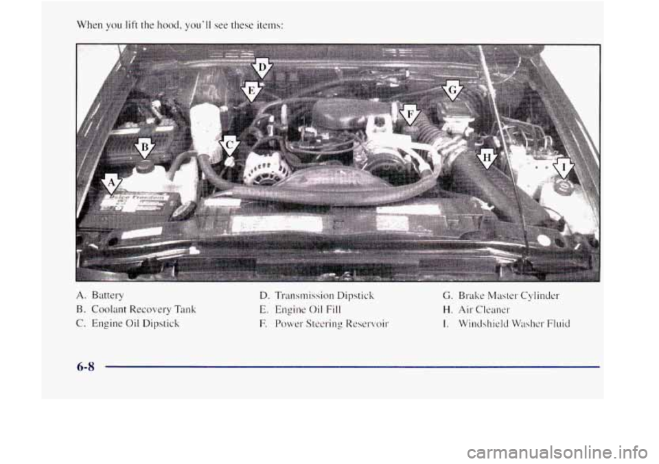 GMC JIMMY 1997  Owners Manual When you lift the I~ood, youll see these  items: 
A. Battery 
B.  Coolant  Re,covery 
Tank 
C. Engine Oil Dipstick 
D. Transmission  Dipstick C. Brake Master Cylinder 
E. Engine Oil Fill H. Air Clean
