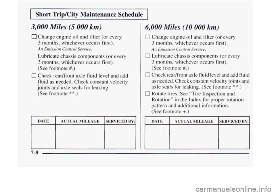 GMC JIMMY 1997  Owners Manual Short  Trip/City  Maintenance  Schedule 
3,000 Miles (5 000 km) 
Change  engine oil and filter (or every 
3 months,  whichever  occurs  first). 
0 Lubricate  chassis  components (or every 
3 months,  