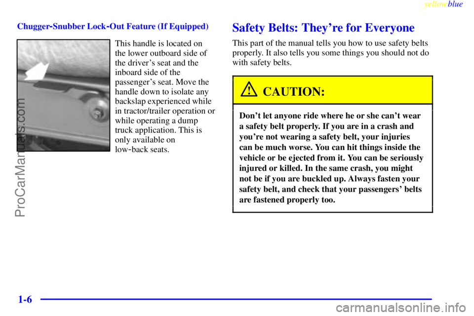 GMC C-SERIES 1999  Owners Manual yellowblue     
1-6
Chugger-Snubber Lock-Out Feature (If Equipped)
This handle is located on
the lower outboard side of
the drivers seat and the
inboard side of the
passengers seat. Move the
handle 