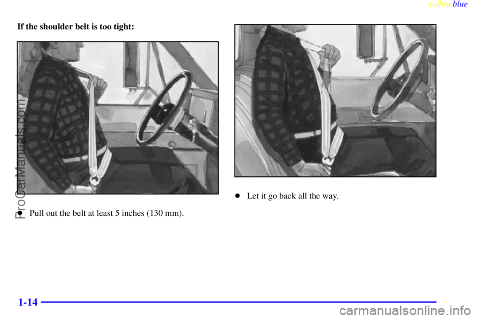 GMC C-SERIES 1999 User Guide yellowblue     
1-14
If the shoulder belt is too tight:
Pull out the belt at least 5 inches (130 mm).
Let it go back all the way.
ProCarManuals.com 