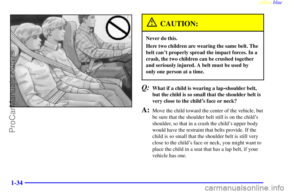 GMC C-SERIES 1999  Owners Manual yellowblue     
1-34
CAUTION:
Never do this.
Here two children are wearing the same belt. The
belt cant properly spread the impact forces. In a
crash, the two children can be crushed together
and ser