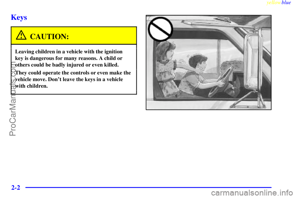 GMC C-SERIES 1999 Service Manual yellowblue     
2-2
Keys
CAUTION:
Leaving children in a vehicle with the ignition
key is dangerous for many reasons. A child or
others could be badly injured or even killed.
They could operate the con