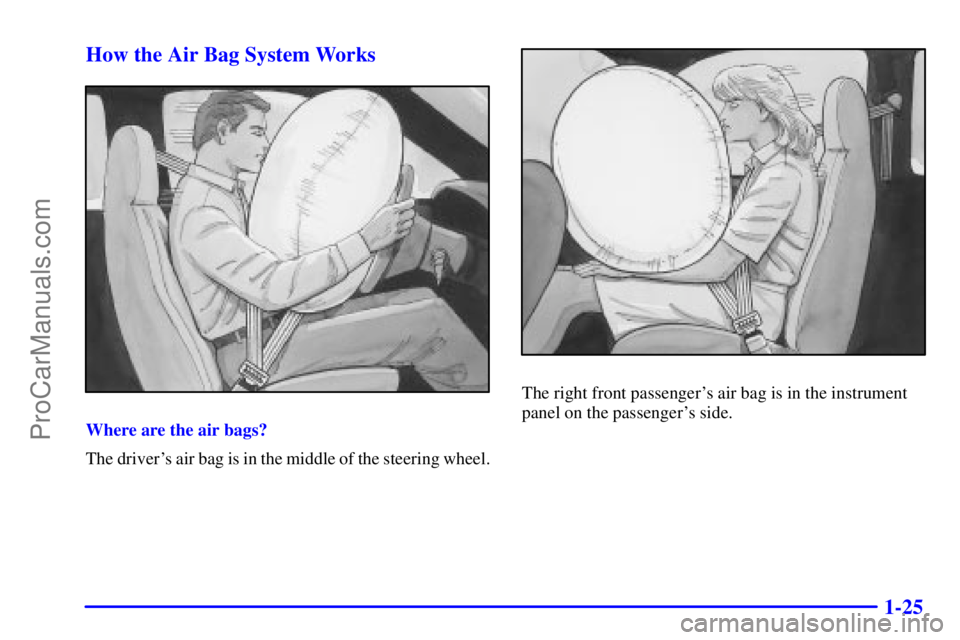 GMC ENVOY 2001 Owners Guide 1-25 How the Air Bag System Works
Where are the air bags?
The drivers air bag is in the middle of the steering wheel.
The right front passengers air bag is in the instrument
panel on the passengers