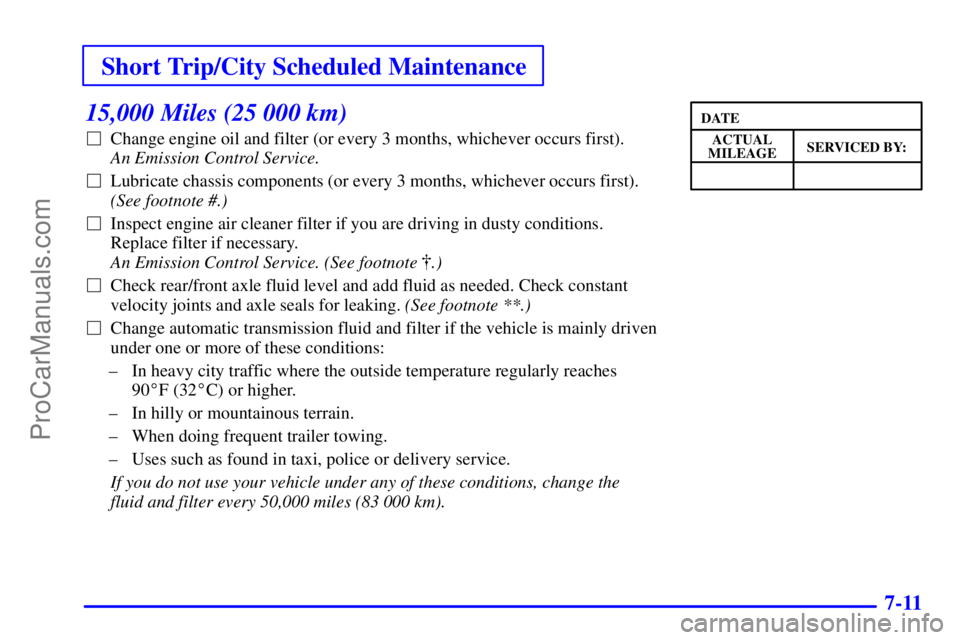 GMC ENVOY 2001 Repair Manual Short Trip/City Scheduled Maintenance
7-11
15,000 Miles (25 000 km)
Change engine oil and filter (or every 3 months, whichever occurs first). 
An Emission Control Service. 
Lubricate chassis compone