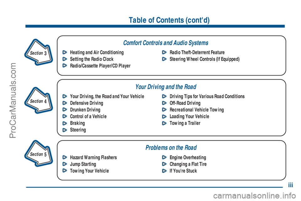 GMC ENVOY 2001  Owners Manual Table of Contents (contd)
Your Driving, the Road and Your Vehicle
Defensive Driving
Drunken Driving
Control of a Vehicle
Braking
SteeringDriving Tips for Various Road Conditions
Off-Road Driving
Recr