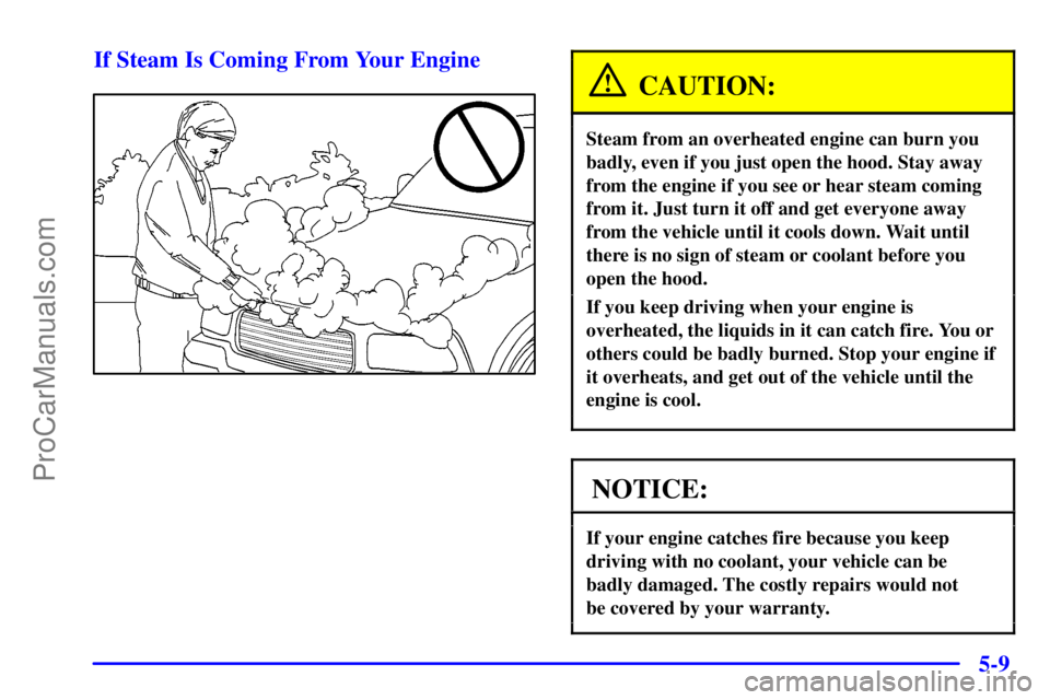 GMC ENVOY 2000 Repair Manual 5-9 If Steam Is Coming From Your Engine
CAUTION:
Steam from an overheated engine can burn you
badly, even if you just open the hood. Stay away
from the engine if you see or hear steam coming
from it. 
