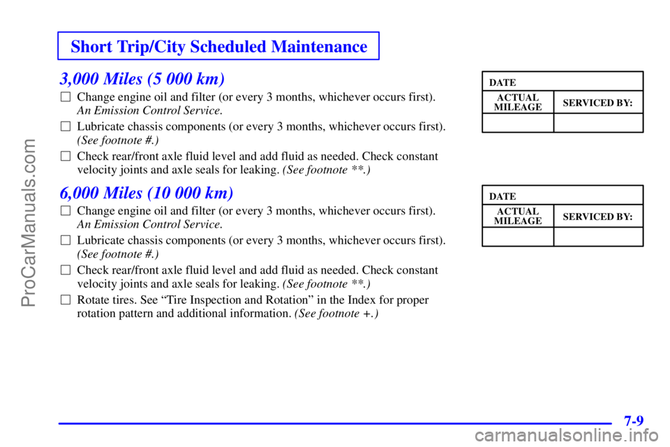 GMC ENVOY 2000  Owners Manual Short Trip/City Scheduled Maintenance
7-9
3,000 Miles (5 000 km)
Change engine oil and filter (or every 3 months, whichever occurs first). 
An Emission Control Service. 
Lubricate chassis components