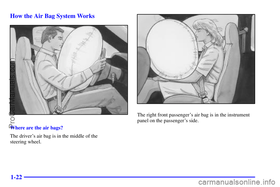 GMC ENVOY 2000 Owners Guide 1-22 How the Air Bag System Works
Where are the air bags?
The drivers air bag is in the middle of the 
steering wheel.
The right front passengers air bag is in the instrument
panel on the passenger