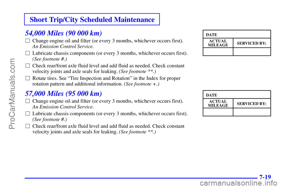 GMC ENVOY 2000  Owners Manual Short Trip/City Scheduled Maintenance
7-19
54,000 Miles (90 000 km)
Change engine oil and filter (or every 3 months, whichever occurs first).
An Emission Control Service. 
Lubricate chassis componen