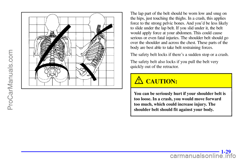 GMC ENVOY 2000 Service Manual 1-29
The lap part of the belt should be worn low and snug on
the hips, just touching the thighs. In a crash, this applies
force to the strong pelvic bones. And youd be less likely
to slide under the 