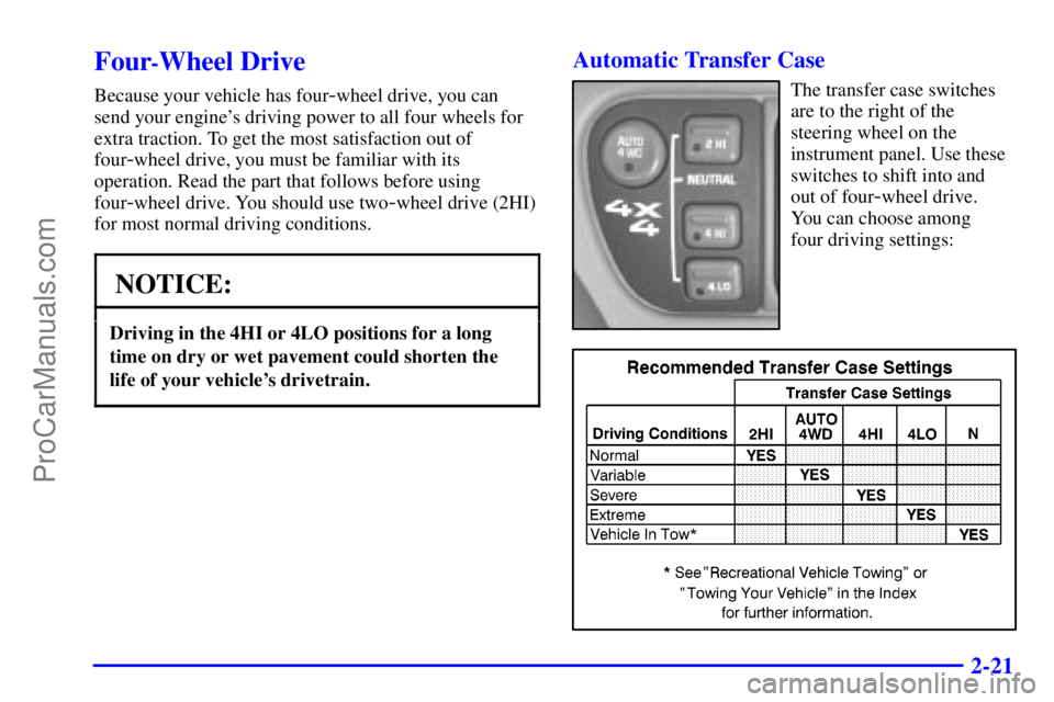GMC ENVOY 2000 Manual Online 2-21
Four-Wheel Drive
Because your vehicle has four-wheel drive, you can
send your engines driving power to all four wheels for
extra traction. To get the most satisfaction out of
four
-wheel drive, 