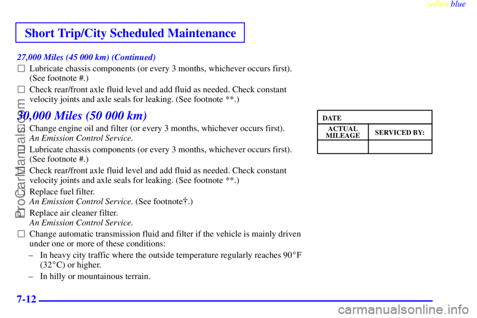 GMC ENVOY 1999  Owners Manual Short Trip/City Scheduled Maintenance
yellowblue     
7-12
27,000 Miles (45 000 km) (Continued)
Lubricate chassis components (or every 3 months, whichever occurs first).
(See footnote #.)
Check rear