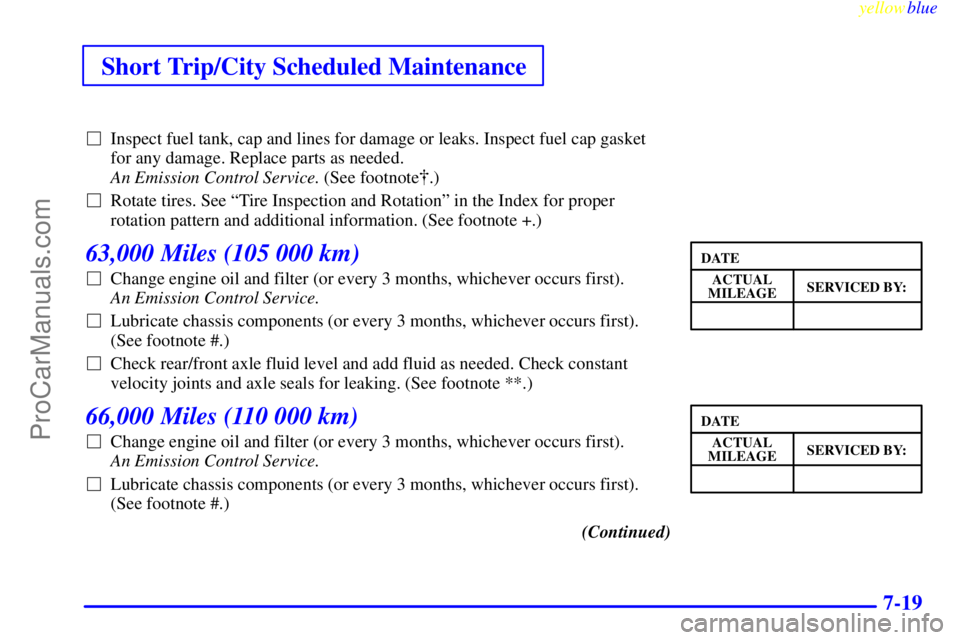 GMC ENVOY 1999 Service Manual Short Trip/City Scheduled Maintenance
yellowblue     
7-19
Inspect fuel tank, cap and lines for damage or leaks. Inspect fuel cap gasket
for any damage. Replace parts as needed. 
An Emission Control 