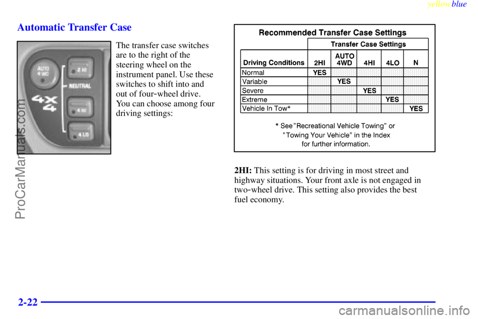 GMC ENVOY 1999 Manual Online yellowblue     
2-22 Automatic Transfer Case
The transfer case switches
are to the right of the
steering wheel on the
instrument panel. Use these
switches to shift into and
out of four
-wheel drive.
Y