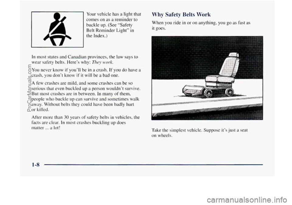 GMC ENVOY 1998 User Guide Your vehicle has a light that
comes
on as a reminder to
buckle
up. (See “Safety
Belt Reminder Light”
in
the Index.)
In most states and Canadian provinces, the law says to
wear saf GMC ENVOY 1998 User Guide Your vehicle has a light that
comes
on as a reminder to
buckle
up. (See “Safety
Belt Reminder Light”
in
the Index.)
In most states and Canadian provinces, the law says to
wear saf