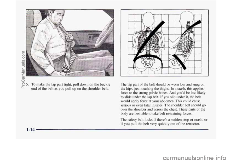 GMC ENVOY 1998 Owners Manual 5. To make the lap part tight, pull down on the buckle
end
of the belt as you pull up on the shoulder belt. The
lap part of the belt should be worn low and snug on
the hips, just GMC ENVOY 1998 Owners Manual 5. To make the lap part tight, pull down on the buckle
end
of the belt as you pull up on the shoulder belt. The
lap part of the belt should be worn low and snug on
the hips, just