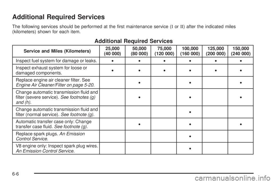 GMC ENVOY DENALI 2009  Owners Manual Additional Required Services
The following services should be performed at the �rst maintenance service (IorII) after the indicated miles
(kilometers) shown for each item.
Additional Required Services