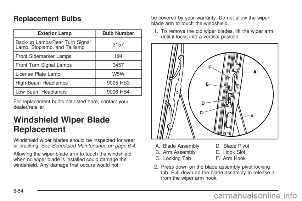 GMC ENVOY DENALI 2008  Owners Manual Replacement Bulbs
Exterior Lamp Bulb Number
Back-up Lamps/Rear Turn Signal
Lamp, Stoplamp, and Taillamp3157
Front Sidemarker Lamps 194
Front Turn Signal Lamps 3457
License Plate Lamp W5W
High-Beam Hea