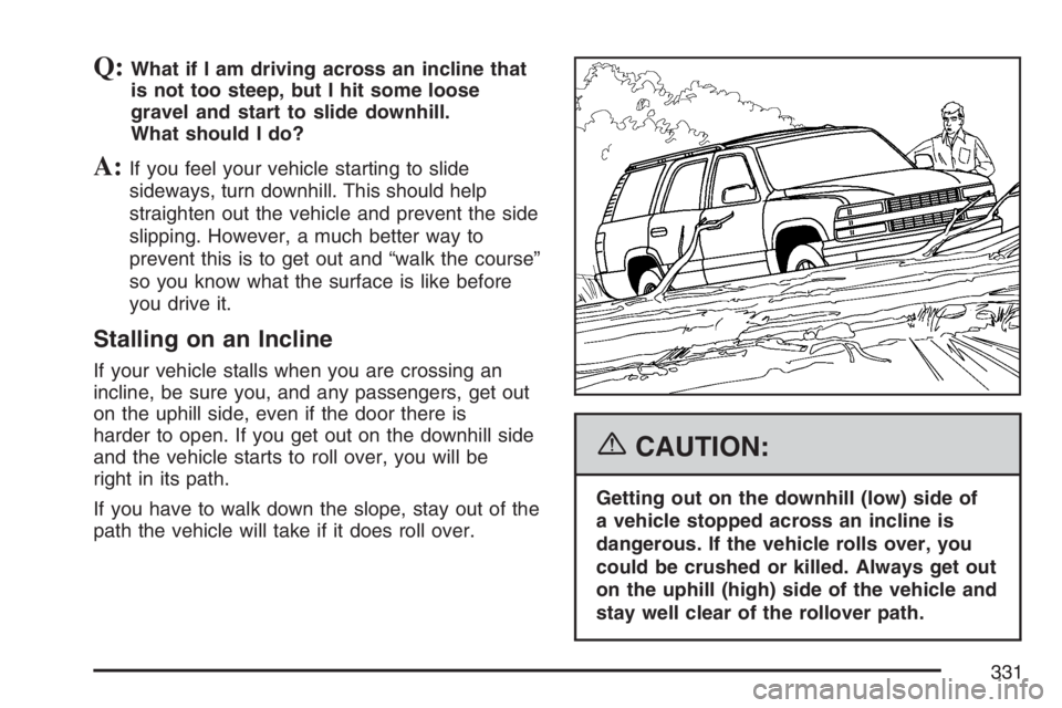 GMC ENVOY DENALI 2007 Owners Guide Q:What if I am driving across an incline that
is not too steep, but I hit some loose
gravel and start to slide downhill.
What should I do?
A:If you feel your vehicle starting to slide
sideways, turn d GMC ENVOY DENALI 2007 Owners Guide Q:What if I am driving across an incline that
is not too steep, but I hit some loose
gravel and start to slide downhill.
What should I do?
A:If you feel your vehicle starting to slide
sideways, turn d