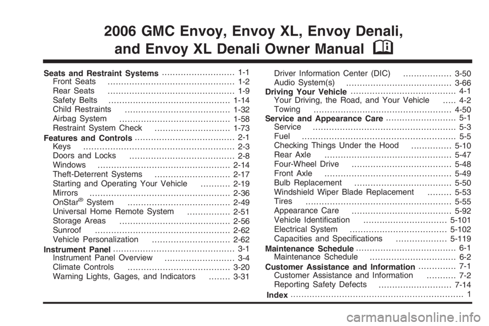 GMC ENVOY DENALI 2006  Owners Manual Index     ................................................................ 1
2006 GMC Envoy, Envoy XL, Envoy Denali,
and Envoy XL Denali Owner Manual
M
Seats and Restraint Systems ....................