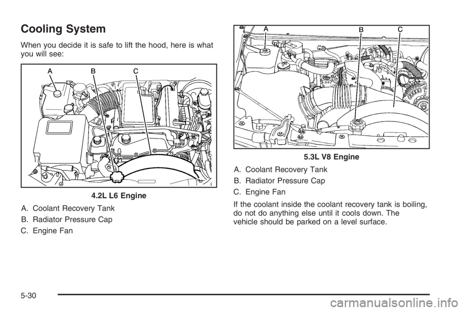 GMC ENVOY DENALI 2006  Owners Manual Cooling System
When you decide it is safe to lift the hood, here is what
you will see:
A. Coolant Recovery Tank
B. Radiator Pressure Cap
C. Engine FanA. Coolant Recovery Tank
B. Radiator Pressure Cap
